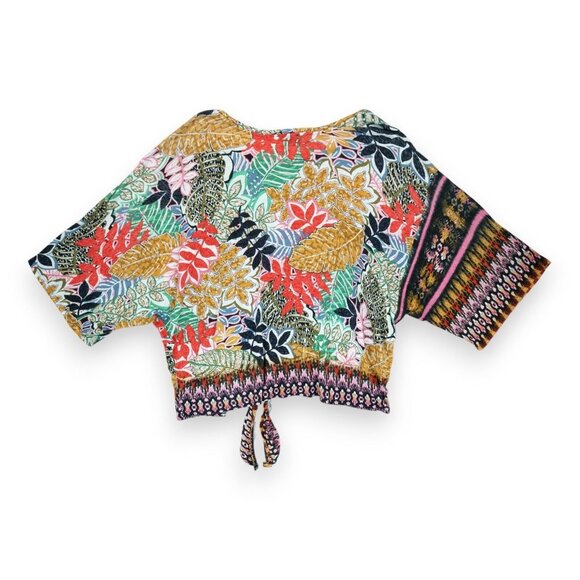 Democracy Knit Top Multicolor Tropical Front Tie Scoop Neck Pullover Size Medium - Picture 2 of 3